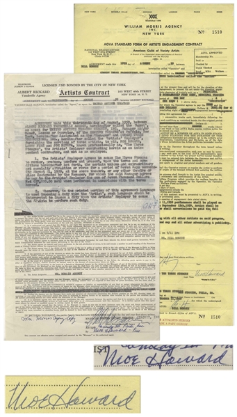 Two August 1959 Contracts Signed by Moe Howard for Three Stooges Performances -- Documents Measure 8.5'' x 17'' & 8.5'' x 14'', Very Good